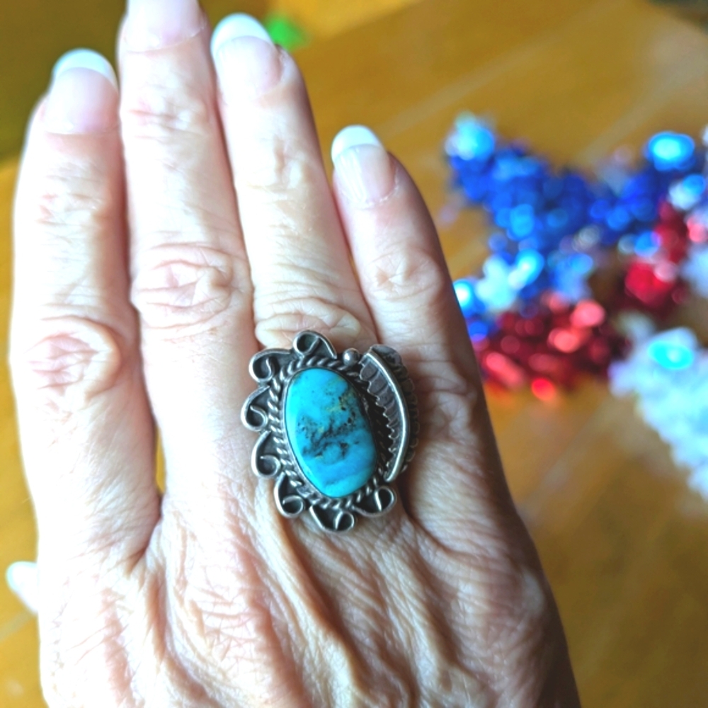 Authentic Turquoise And Sterling Silver Statement Ring with Ornate Design Sz 6